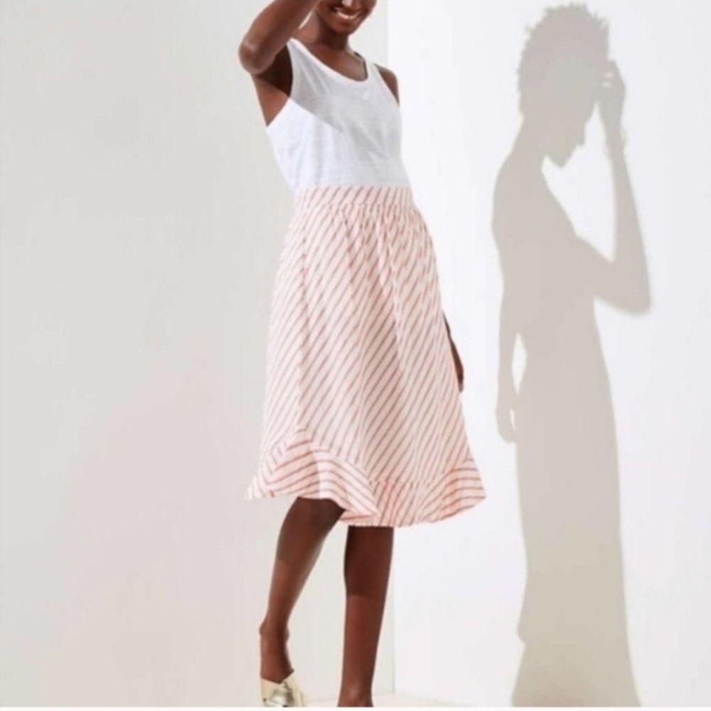 NWT Ann Taylor Loft Ruffle Hem Romantic Pink Striped A-Line Silky Midi Skirt 10